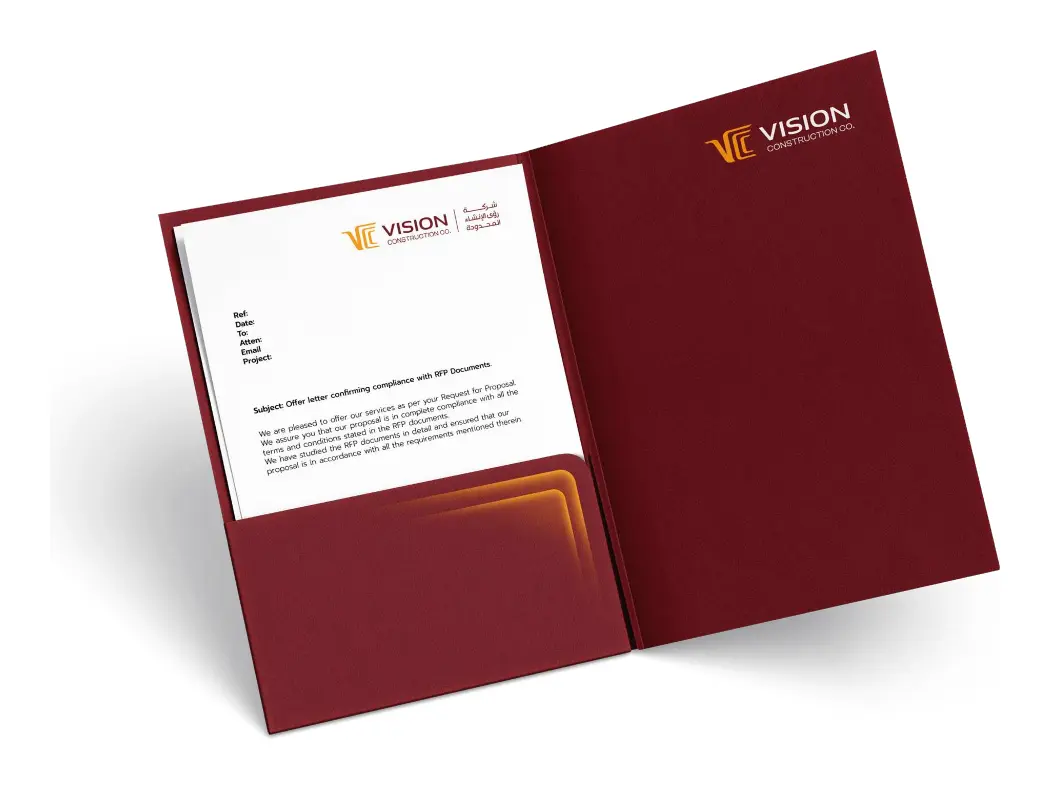Open dark red VCC paper folder holding a branded letterhead