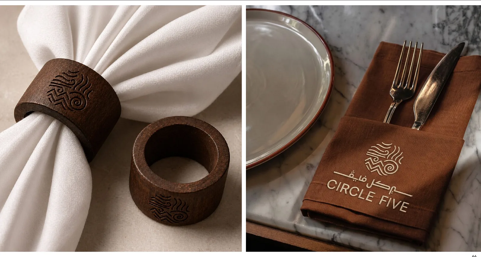 Circle Five restaurant branding on napkin rings and a leather menu cover with the five elements logo