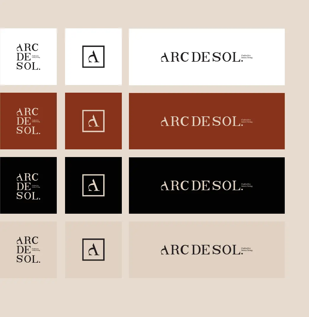 Arc de Sol logo, letter mark and horizontal wordmark shown on stone, warm red, black and beige