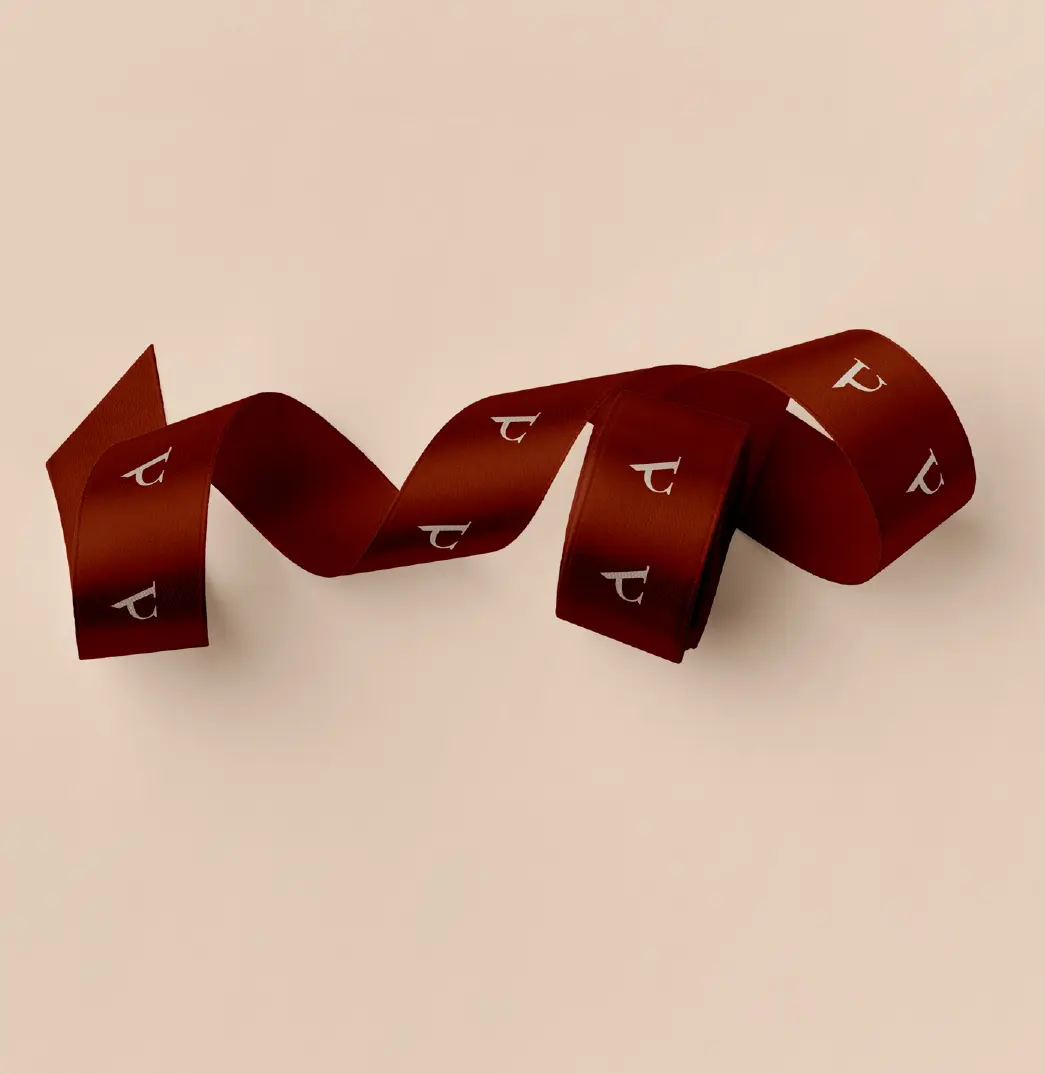 Deep red Arc de Sol satin ribbon printed with the repeating A letter mark