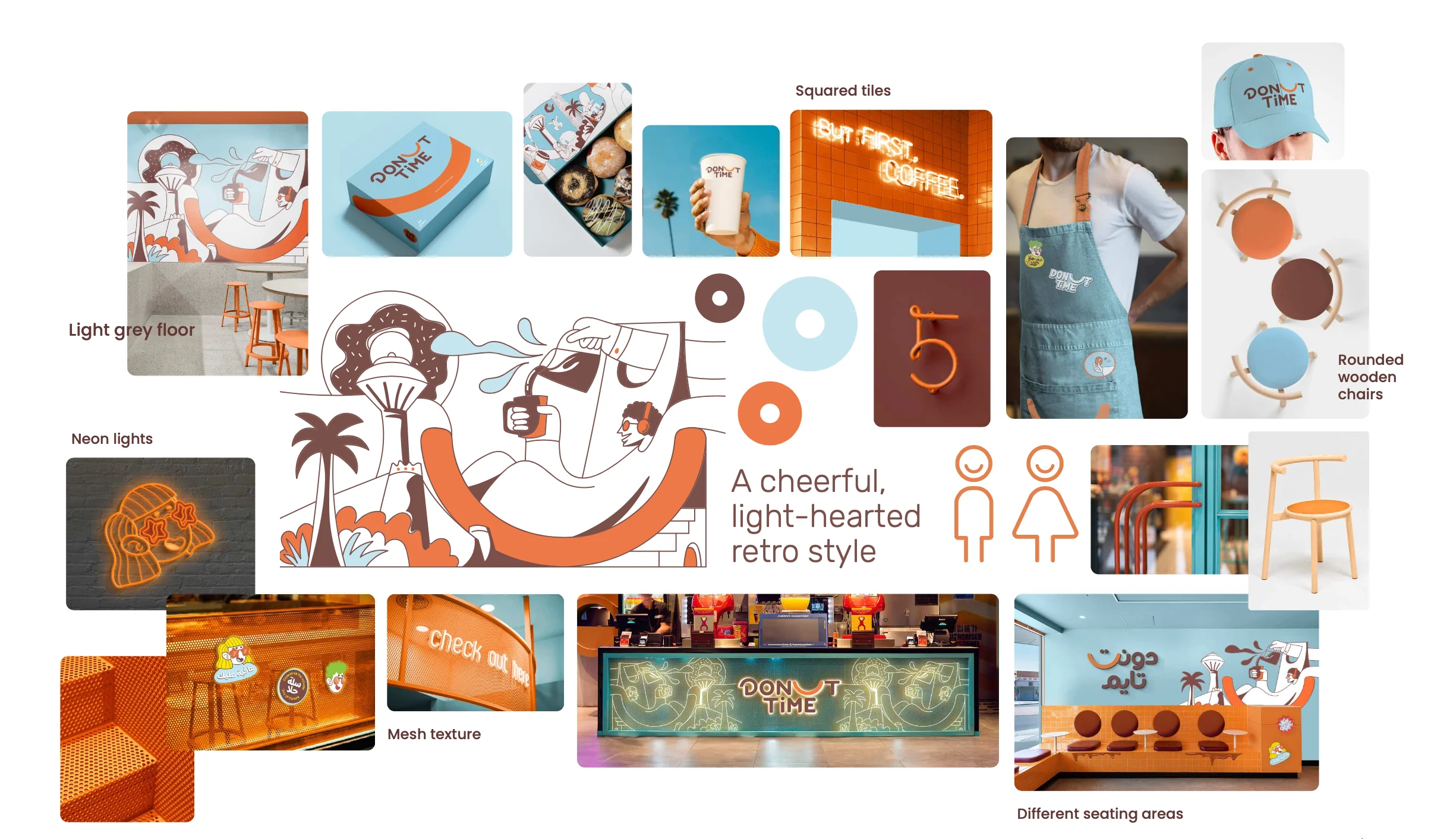 Donut Time brand color palette in orange, sky blue and brown with CMYK, RGB and Pantone values, over donuts on a picnic blanket