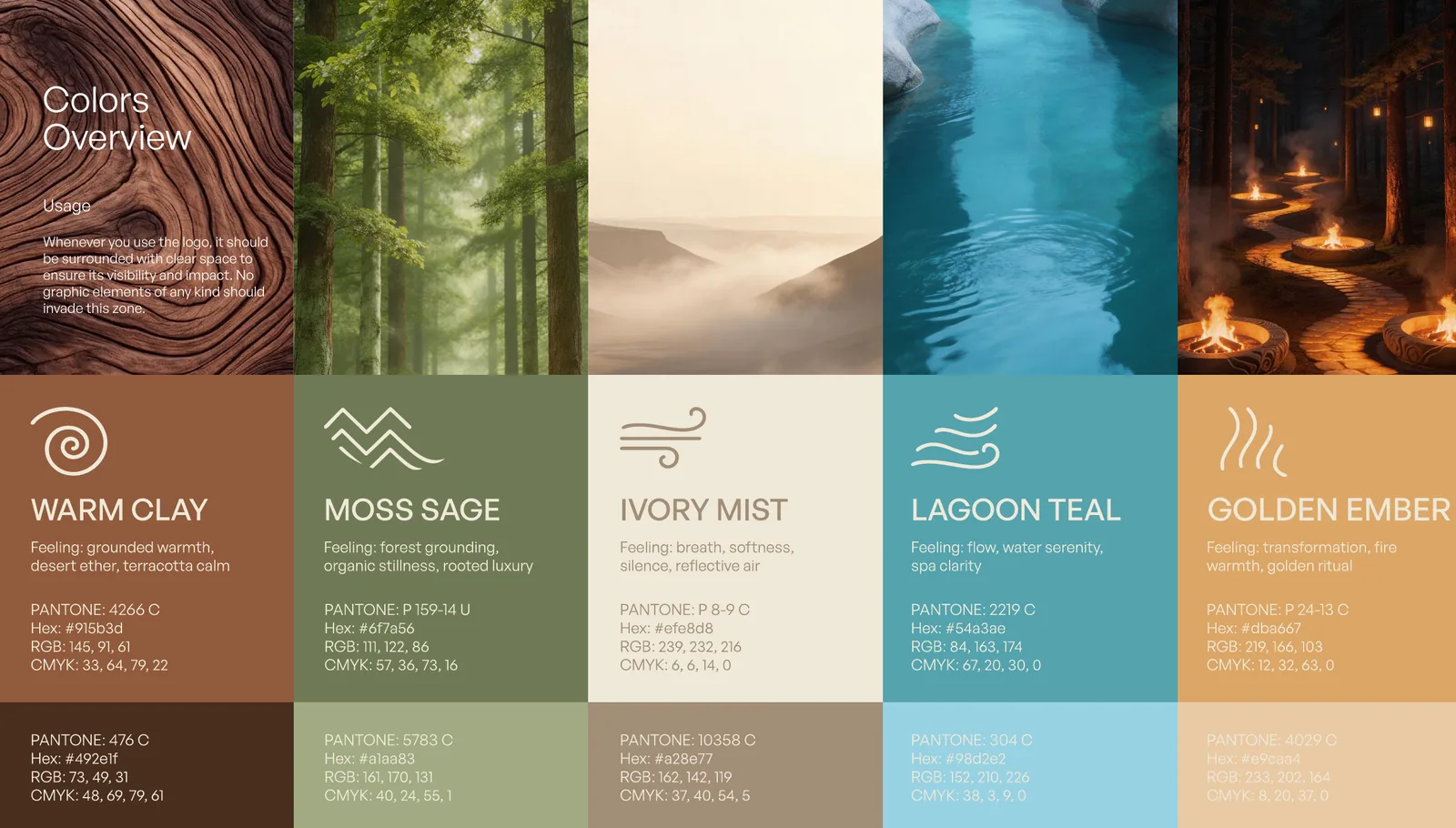 Circle Five hotel brand colour palette: Warm Clay, Moss Sage, Ivory Mist, Lagoon Teal and Golden Ember for the five elements