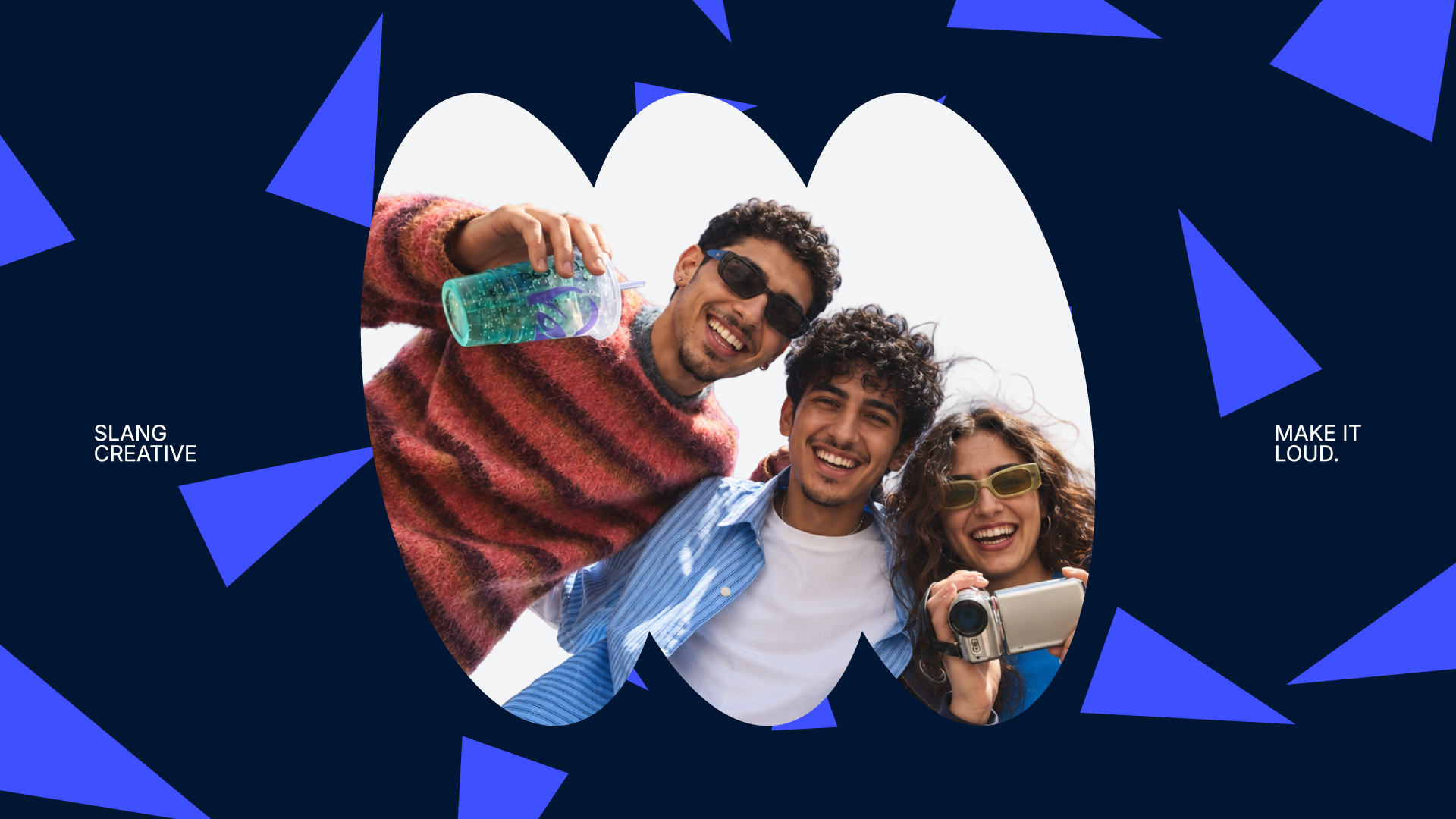 slang image with 3 young men and young woman with camera
